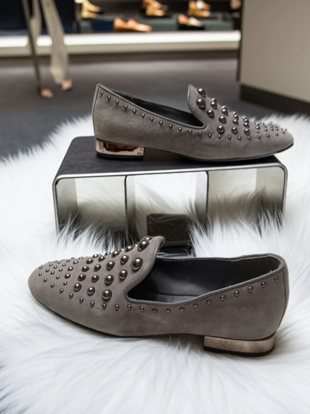 Women's Donald Pliner Rebel 2 Pewter Studded Suede Loafers in Gray 7M